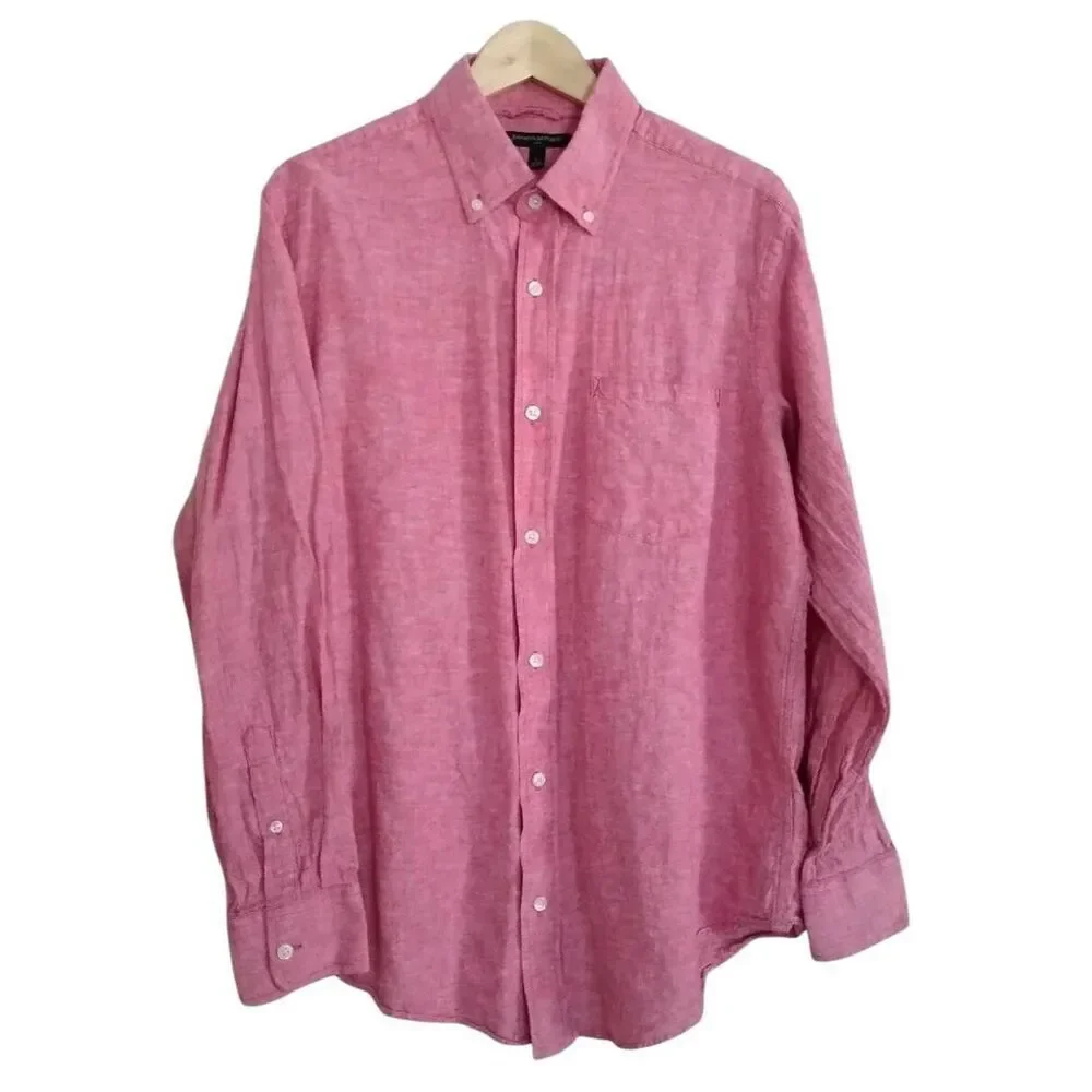 Banana Republic Men's Raspberry Pink/Red Linen Classic Fit Button Down Collar Bu
